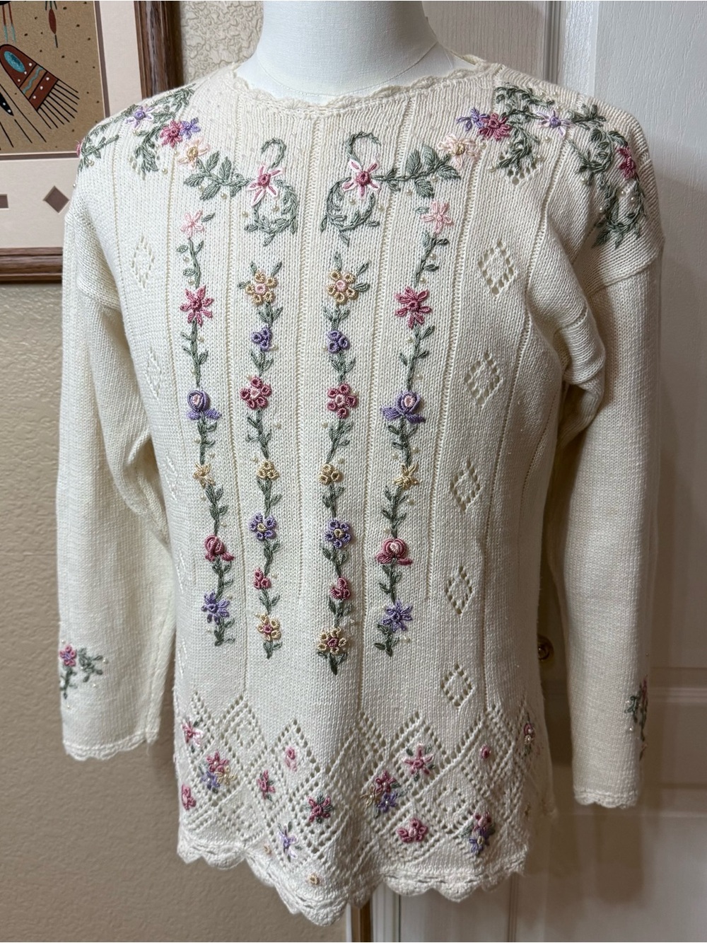 Vintage GW Ramie Cotton Floral Ribbon Embroidered Beaded Coquette Sweater Large